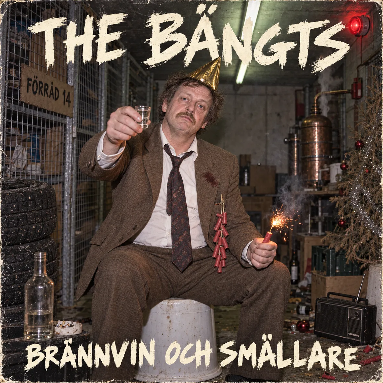 Track cover: Bängt Ljungqvist in a party hat, toasting with a shot glass and holding a lit firecracker in storage unit 14