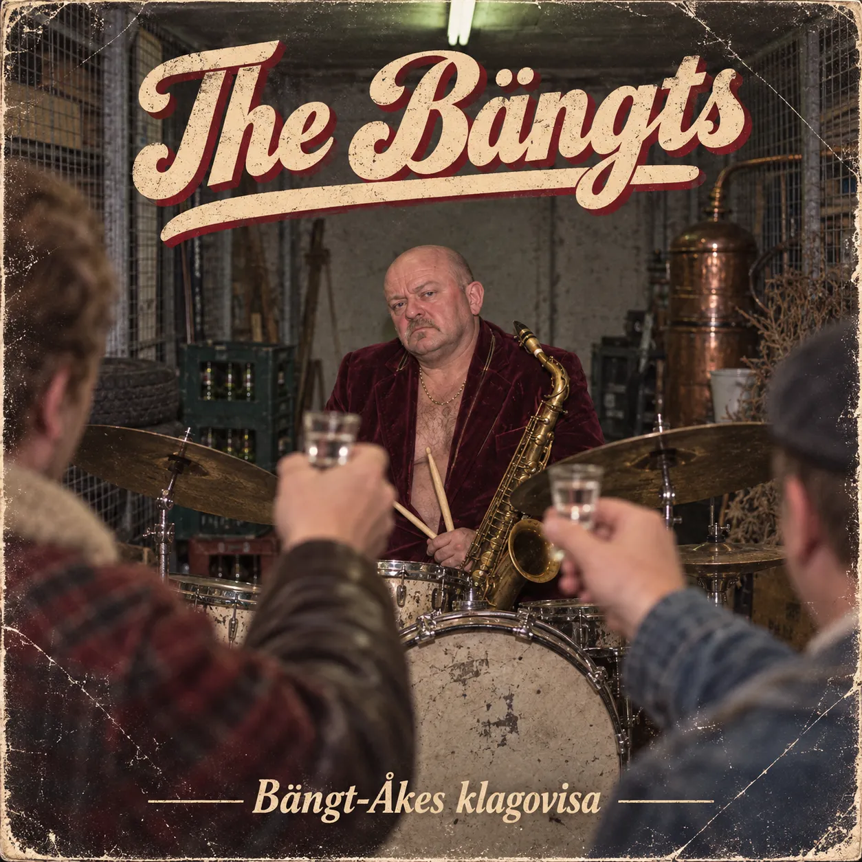 Track cover: Bängt-Åkes klagovisa by The Bängts. In a shabby basement storage unit with wire-mesh walls, beer crates and a copper still, a bald man with a mustache and a burgundy velvet blazer sits behind a drum kit holding a saxophone, looking sourly at the camera. In the foreground, two men seen from behind raise shot glasses in a toast.