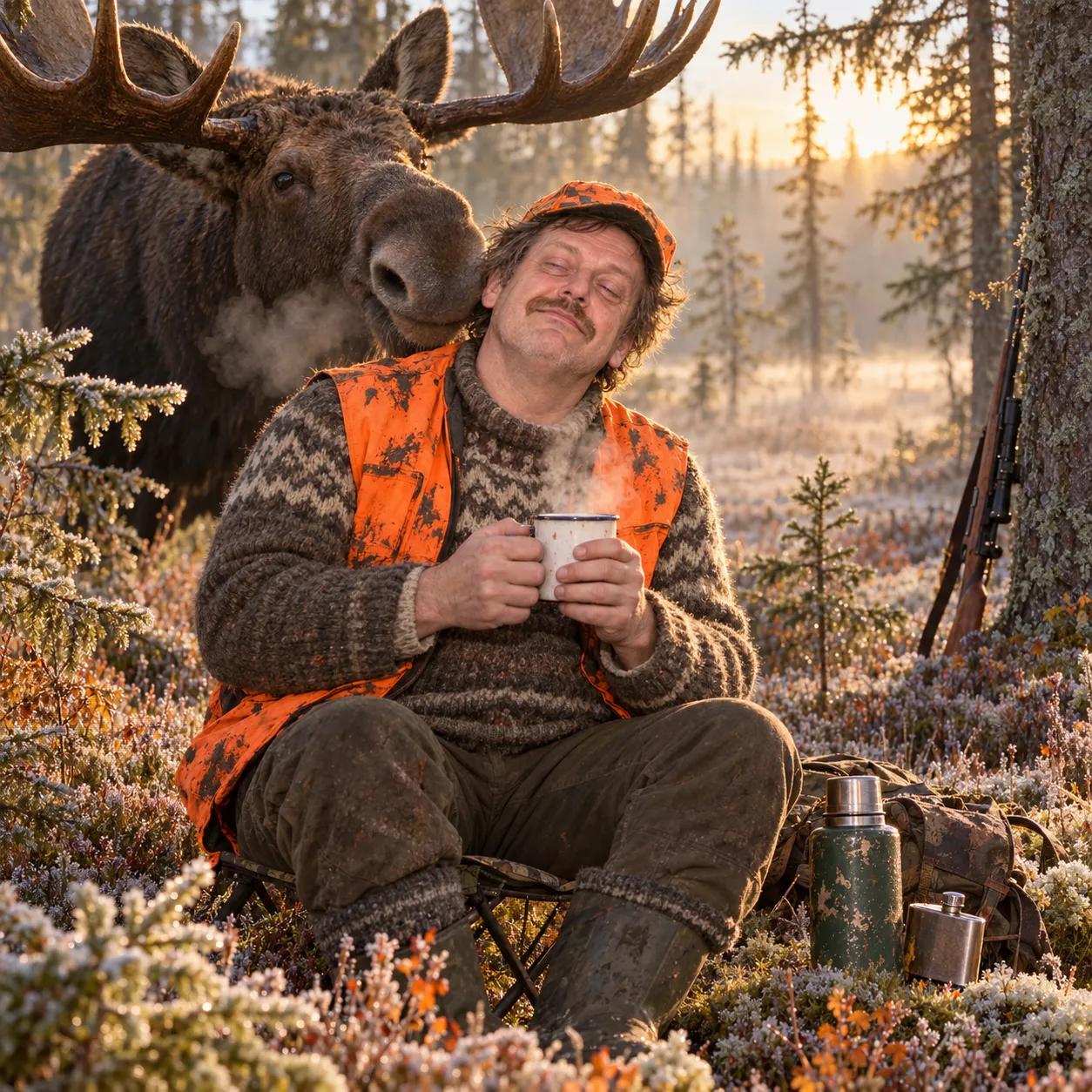 A man in a blaze-orange cap and vest over a wool sweater sits on a folding stool in a frosty forest bog at sunrise, holding a steaming enamel mug with his eyes closed and a blissful smile. A huge bull moose leans in behind him and nuzzles his neck. A rifle leans against a pine tree out of reach, and a thermos and a hip flask stand in the frosted heather beside him.