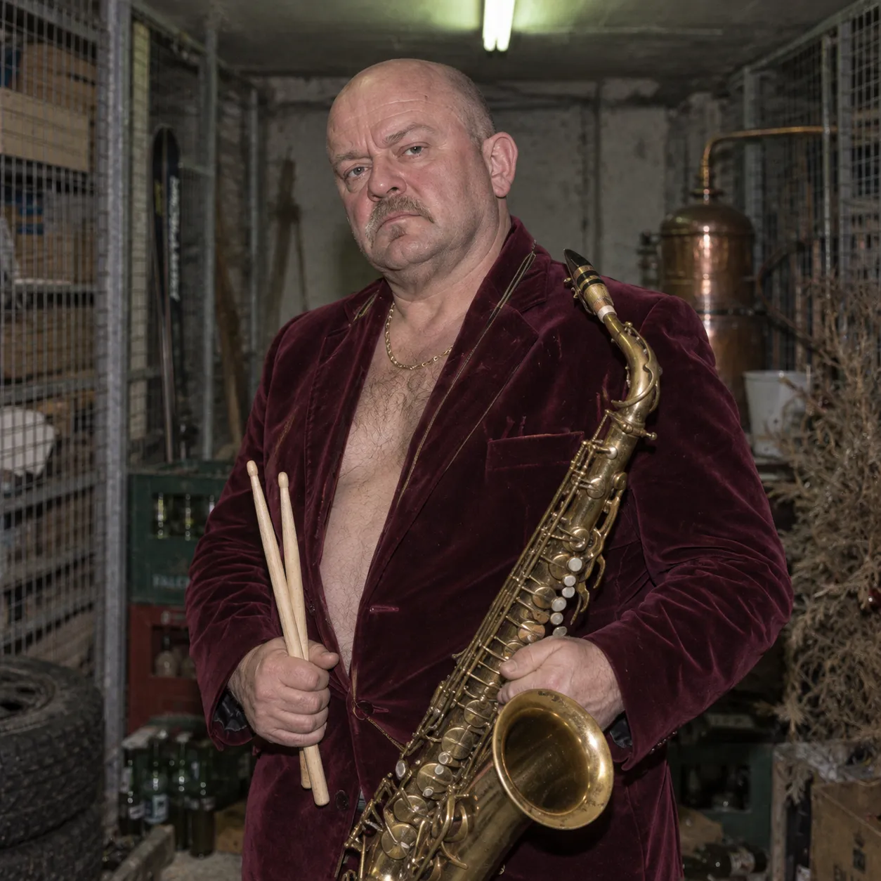 Bängt-Åke Nilsson in an open burgundy velvet jacket, holding drumsticks and a saxophone